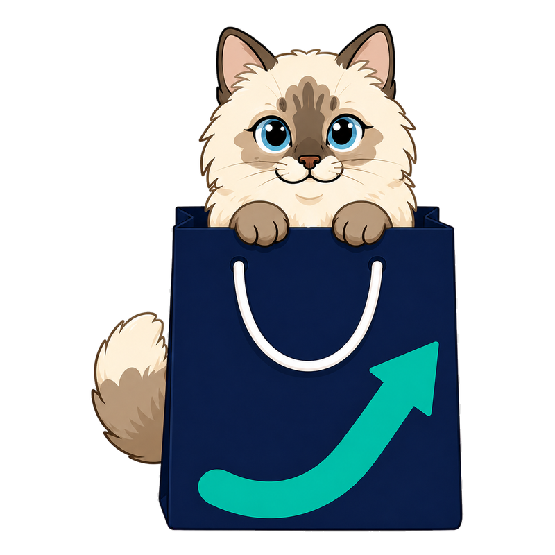 Chachi, la mascota de Crehanda, asomada desde una bolsa de compra